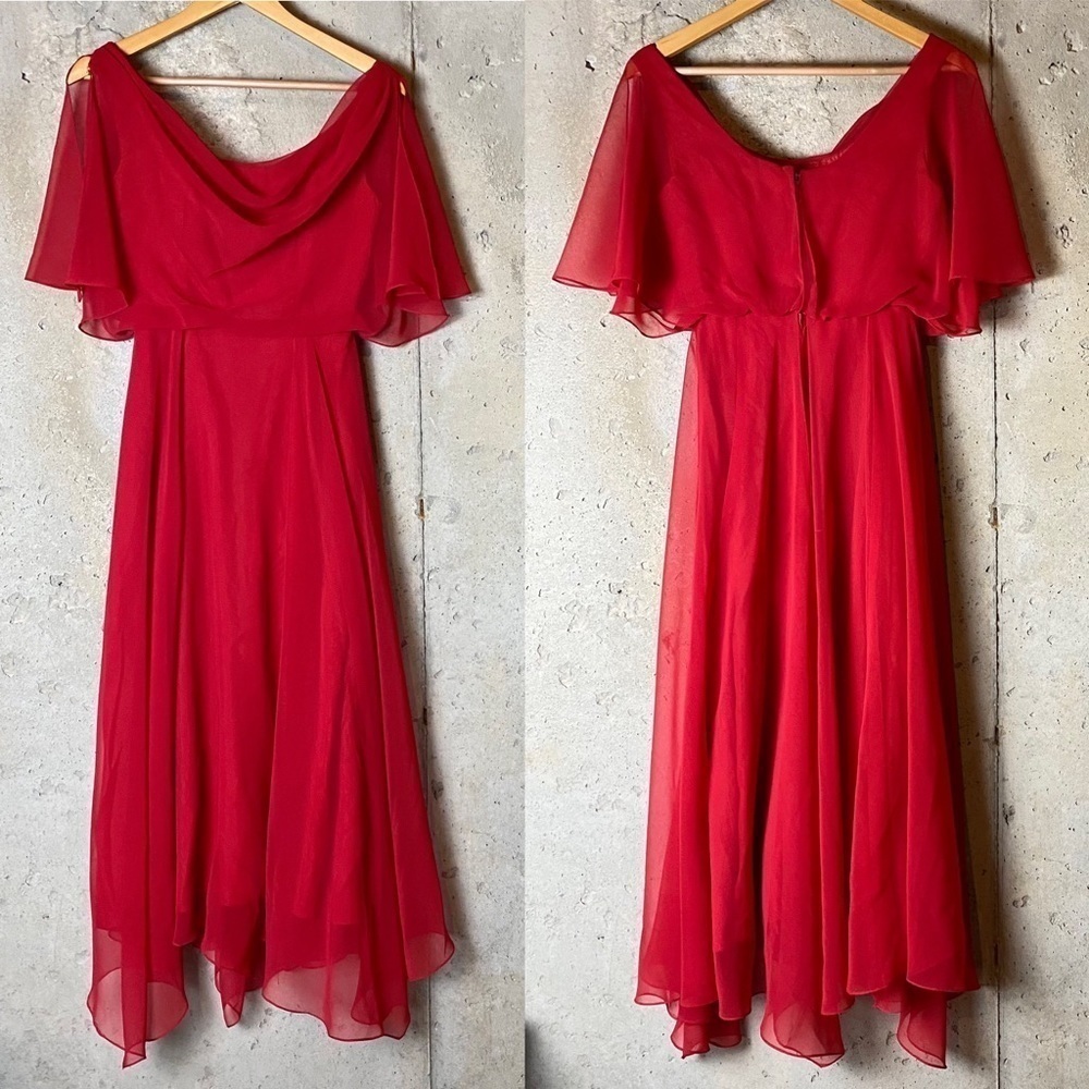 Vintage red sheer chiffon polyester midi flowy dress